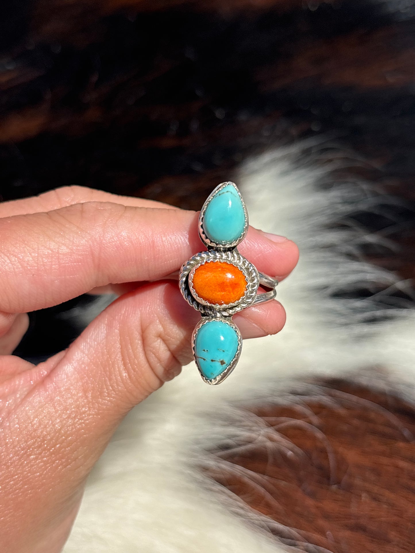 Native American, Hand-Made, Turquoise, Spiny Oyster & Sterling Silver Ring