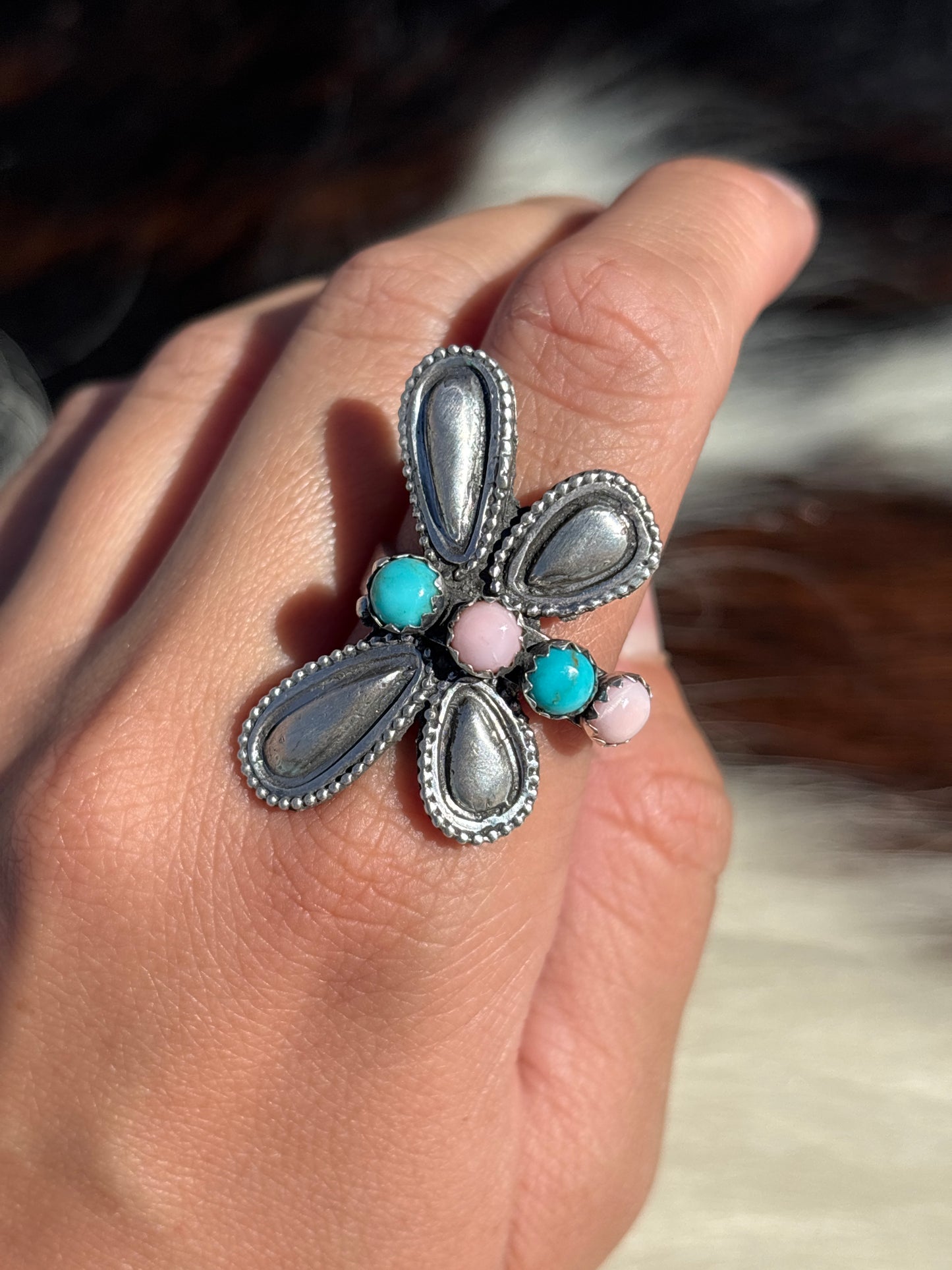Native American, Hand-Made, Turquoise, Pink Conch & Sterling Silver Dragonfly Adjustable Ring