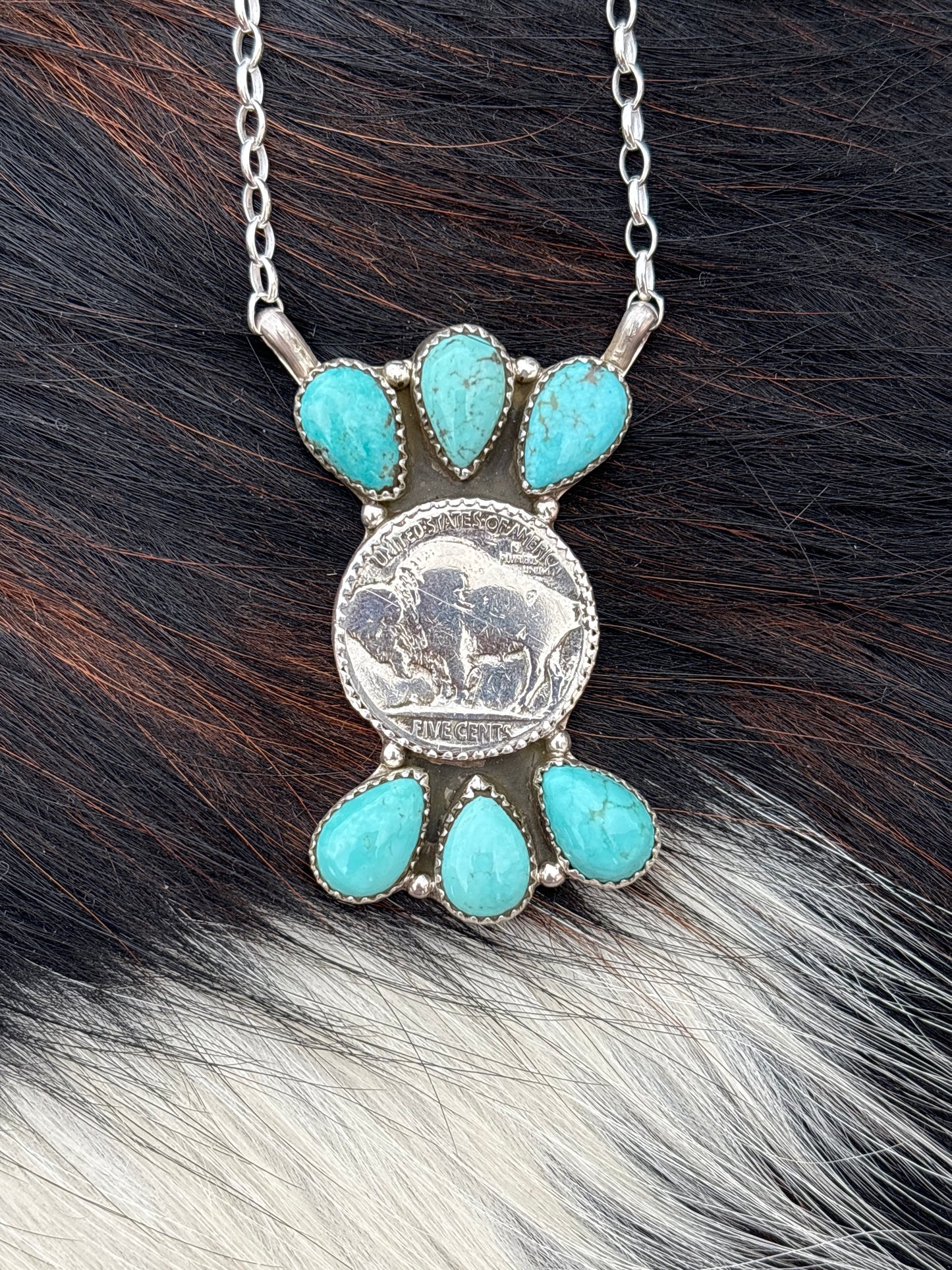 Native American, Hand-Made, Buffalo Nickel, Turquoise & Sterling Silver Necklace