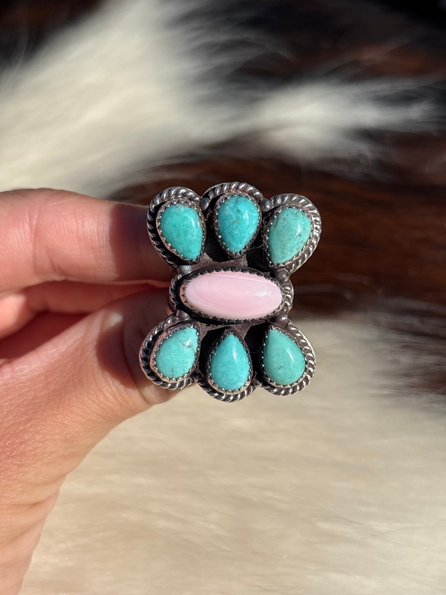 Native American, Hand-Made, Turquoise, Pink Conch & Sterling Silver Ring