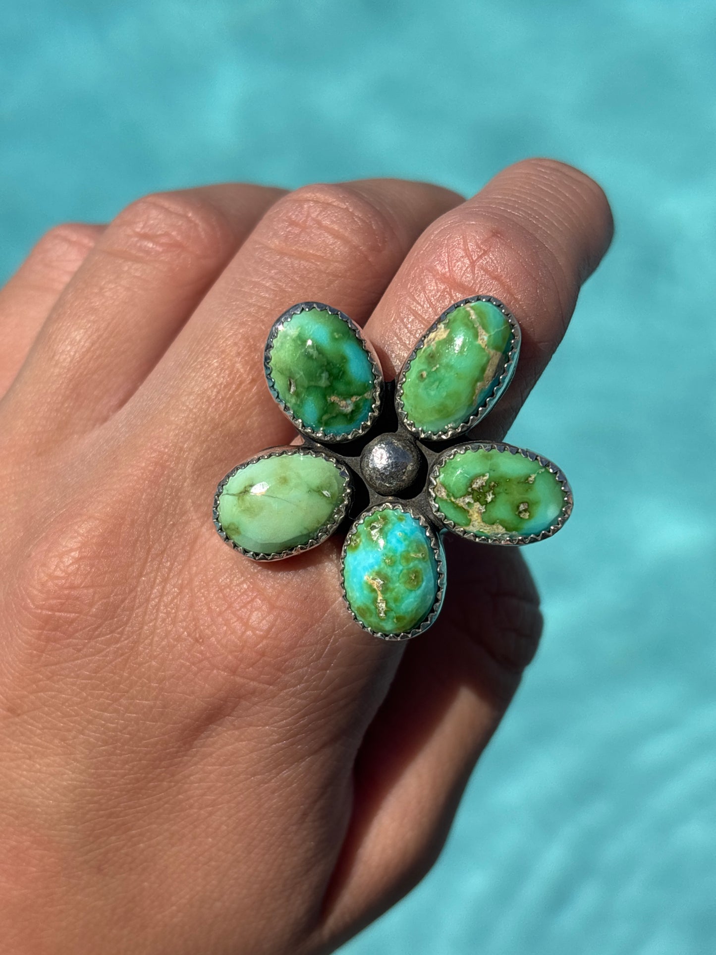 Native American, Hand-Made, Sierra Bella Turquoise & Sterling Silver Flower Ring