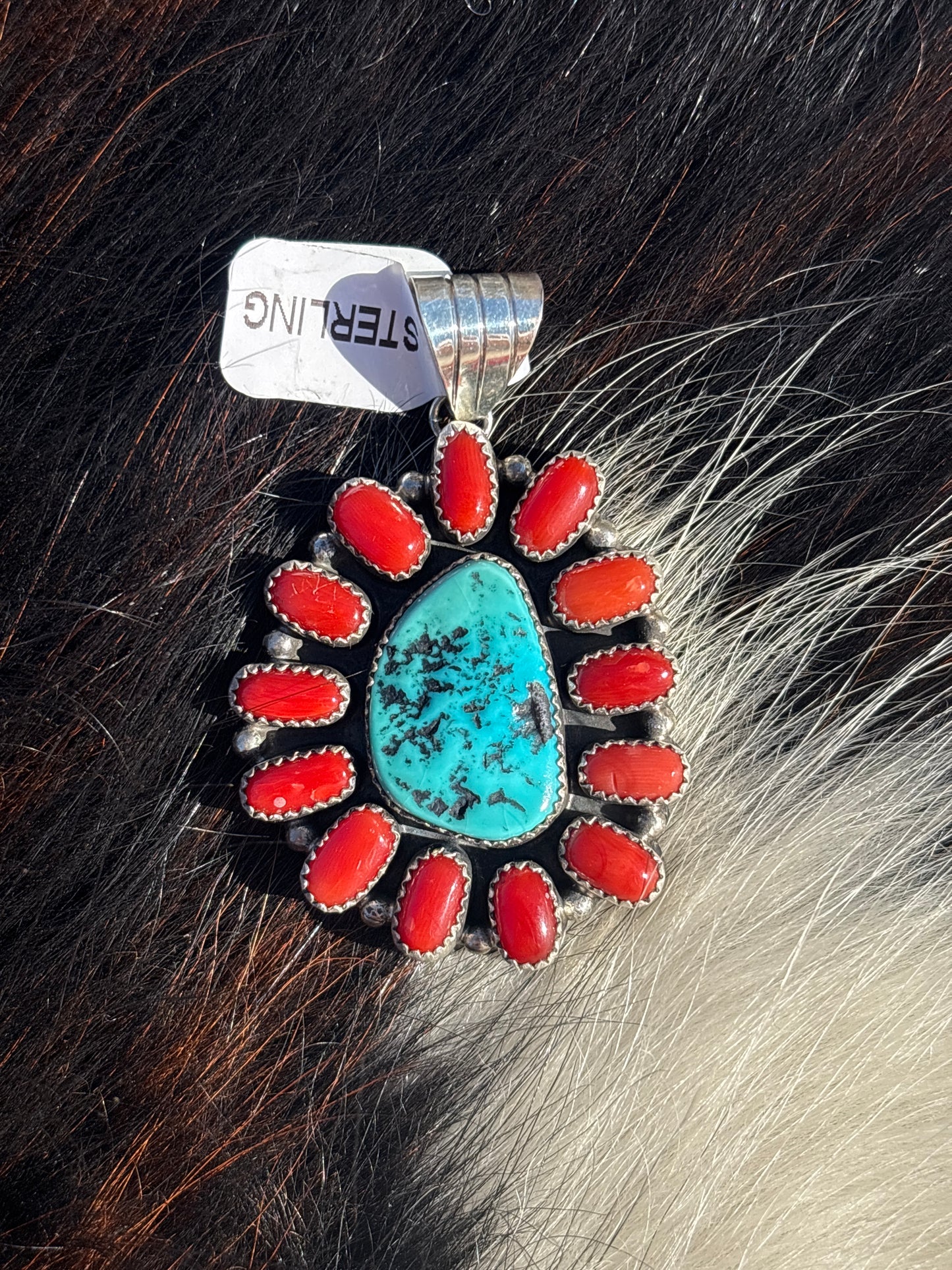 Native American, Hand-Made, Turquoise, Coral & Sterling Silver Pendant