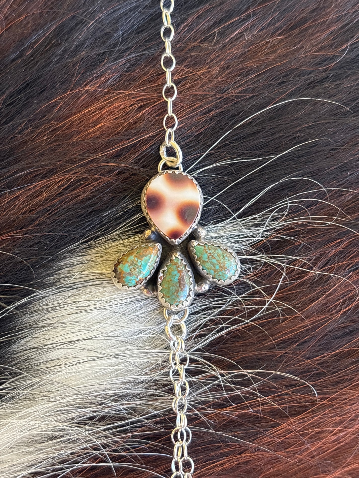 Native American, Handmade, Turquoise, Cowrie & Sterling Silver Hand Chain