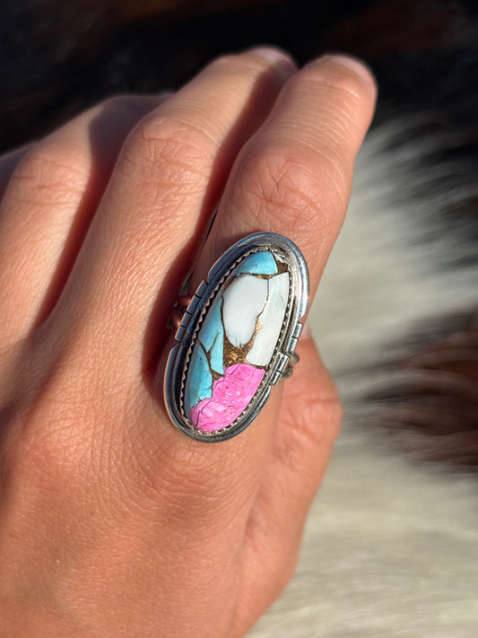 Native American, Hand-Made, Cotton Candy Dahlia & Sterling Silver Ring