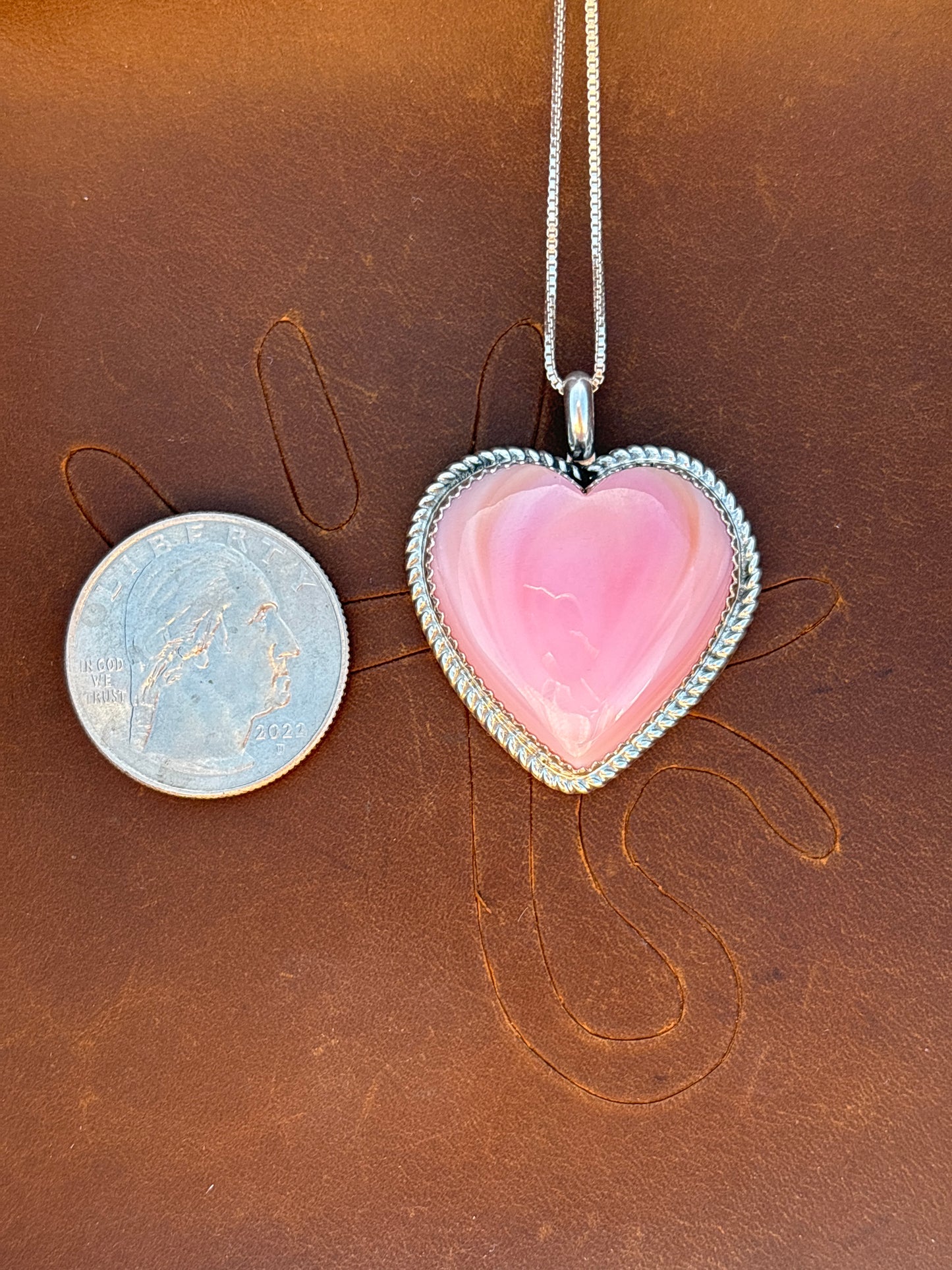 Native American, Hand-Made, Pink Conch & Sterling Silver Heart Necklace