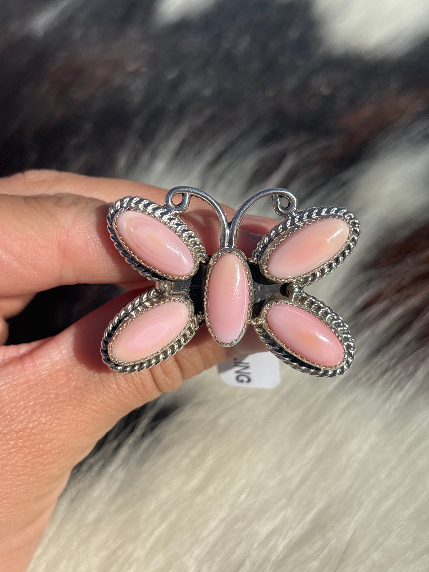 Native American, Hand-Made, Pink Conch & Sterling Silver Butterfly Ring