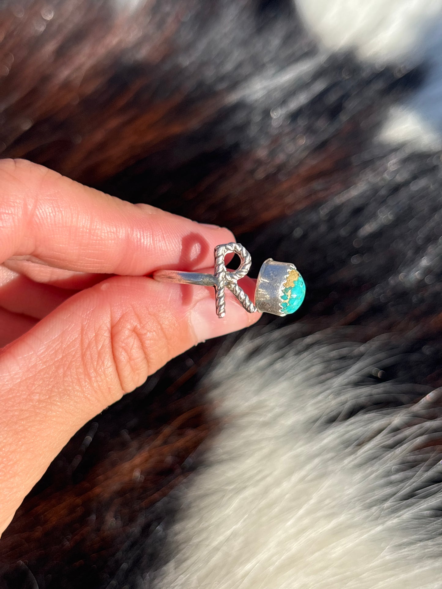 Native American, Hand-Made, Turquoise & Sterling Silver Adjustable Initial Ring