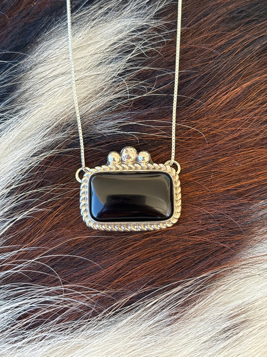 Native American, Hand-Made, Black Onyx & Sterling Silver Necklace