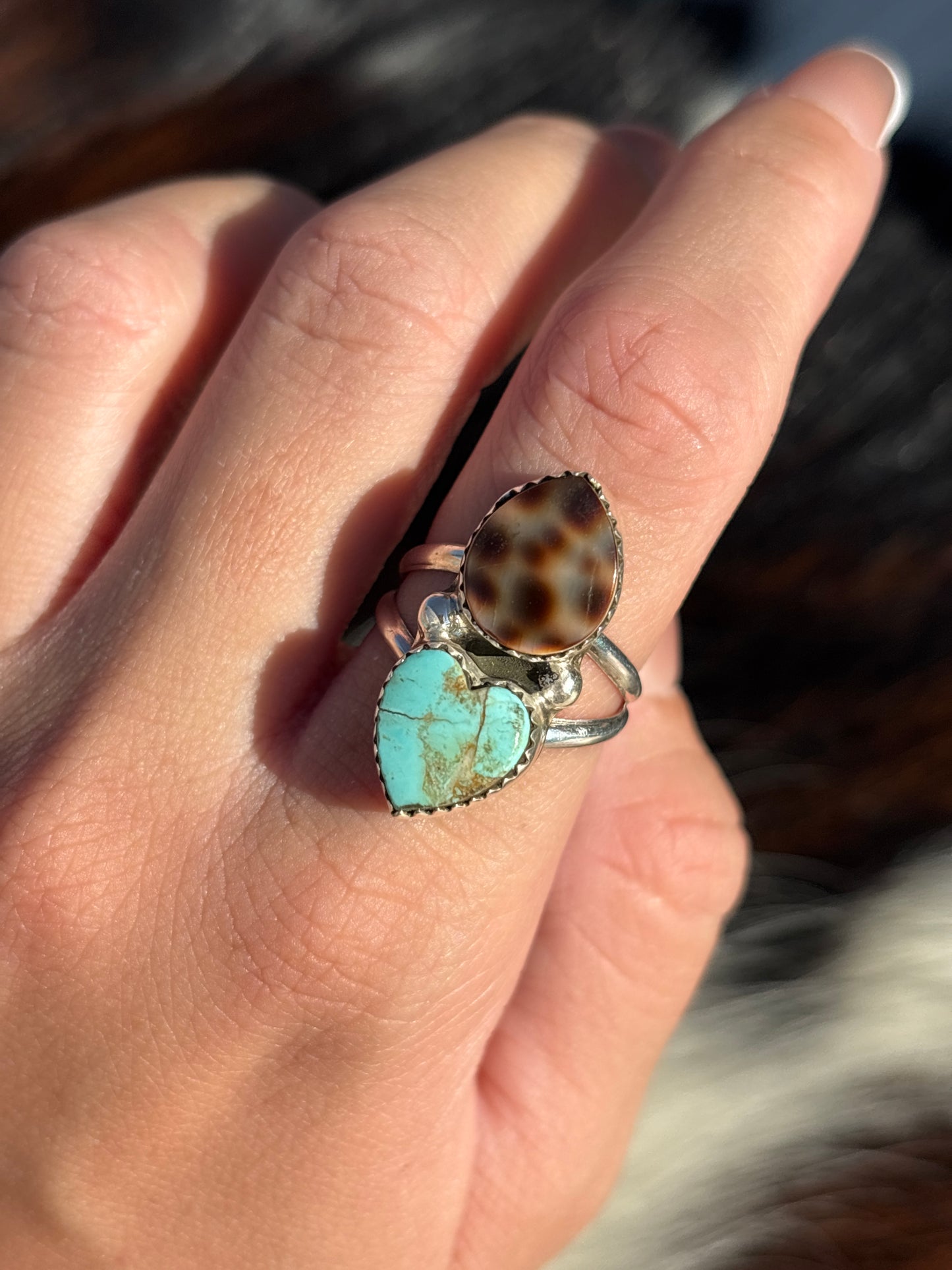 Native American, Hand-Made, Turquoise, Cowrie & Sterling Silver  Ring