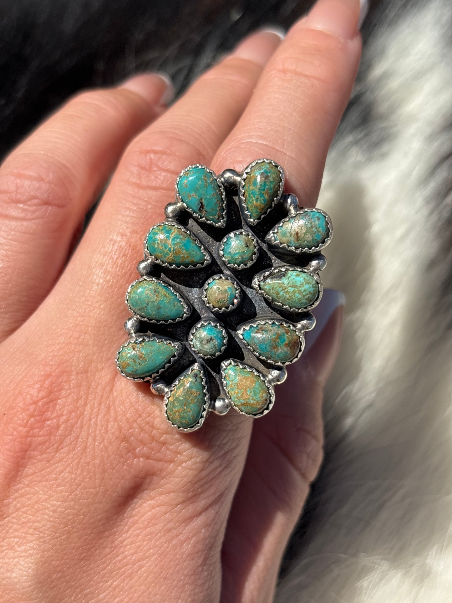 Native American, Hand-Made, Turquoise & Sterling Silver Cluster Ring