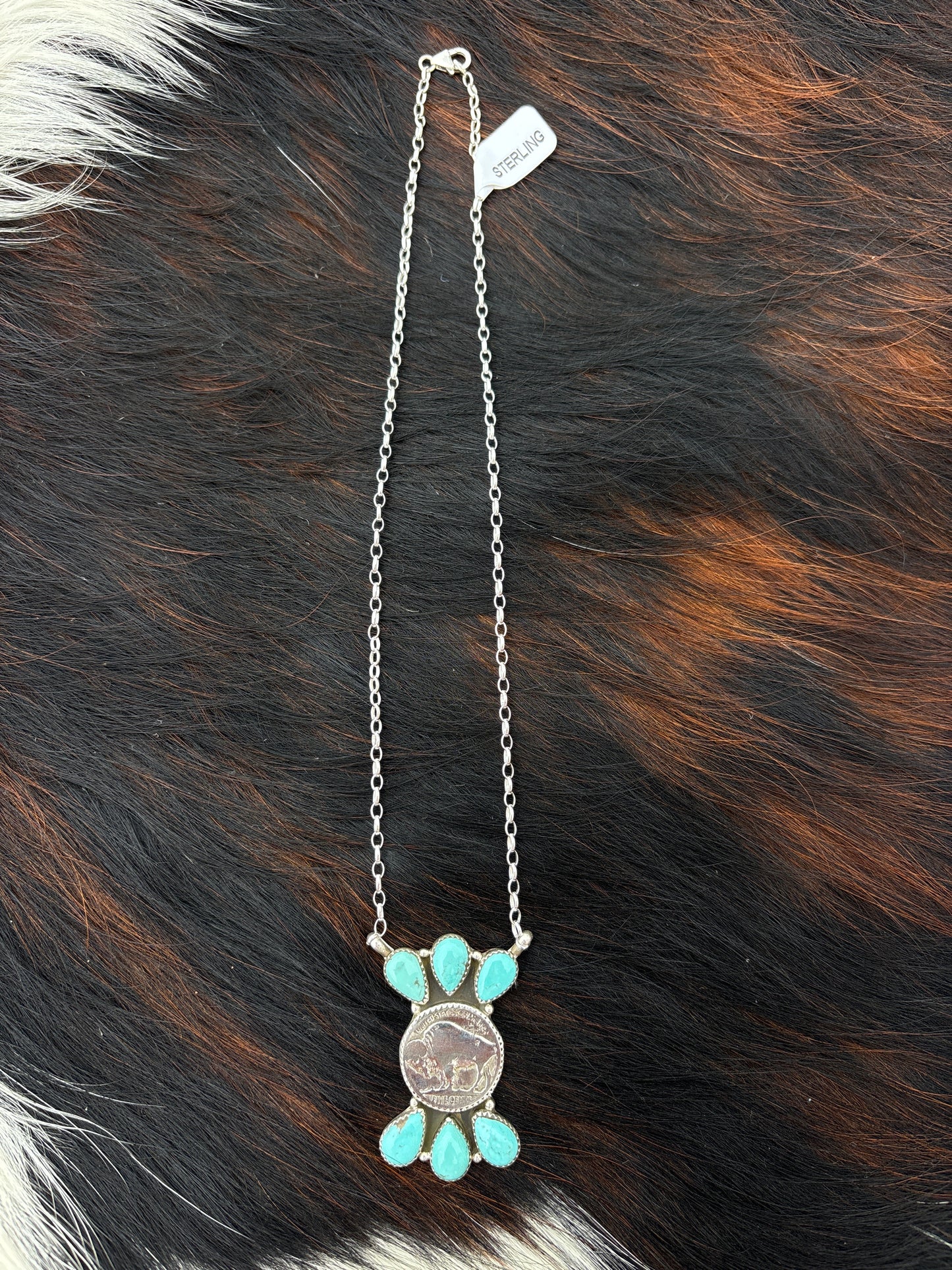 Native American, Hand-Made, Buffalo Nickel, Turquoise & Sterling Silver Necklace