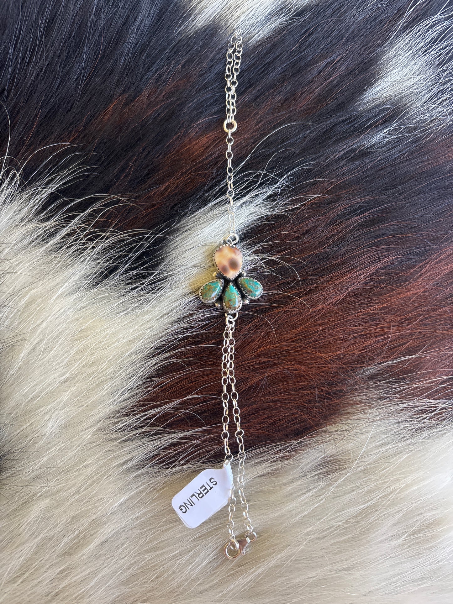 Native American, Handmade, Turquoise, Cowrie & Sterling Silver Hand Chain