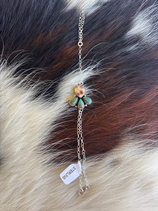 Native American, Handmade, Turquoise, Cowrie & Sterling Silver Hand Chain