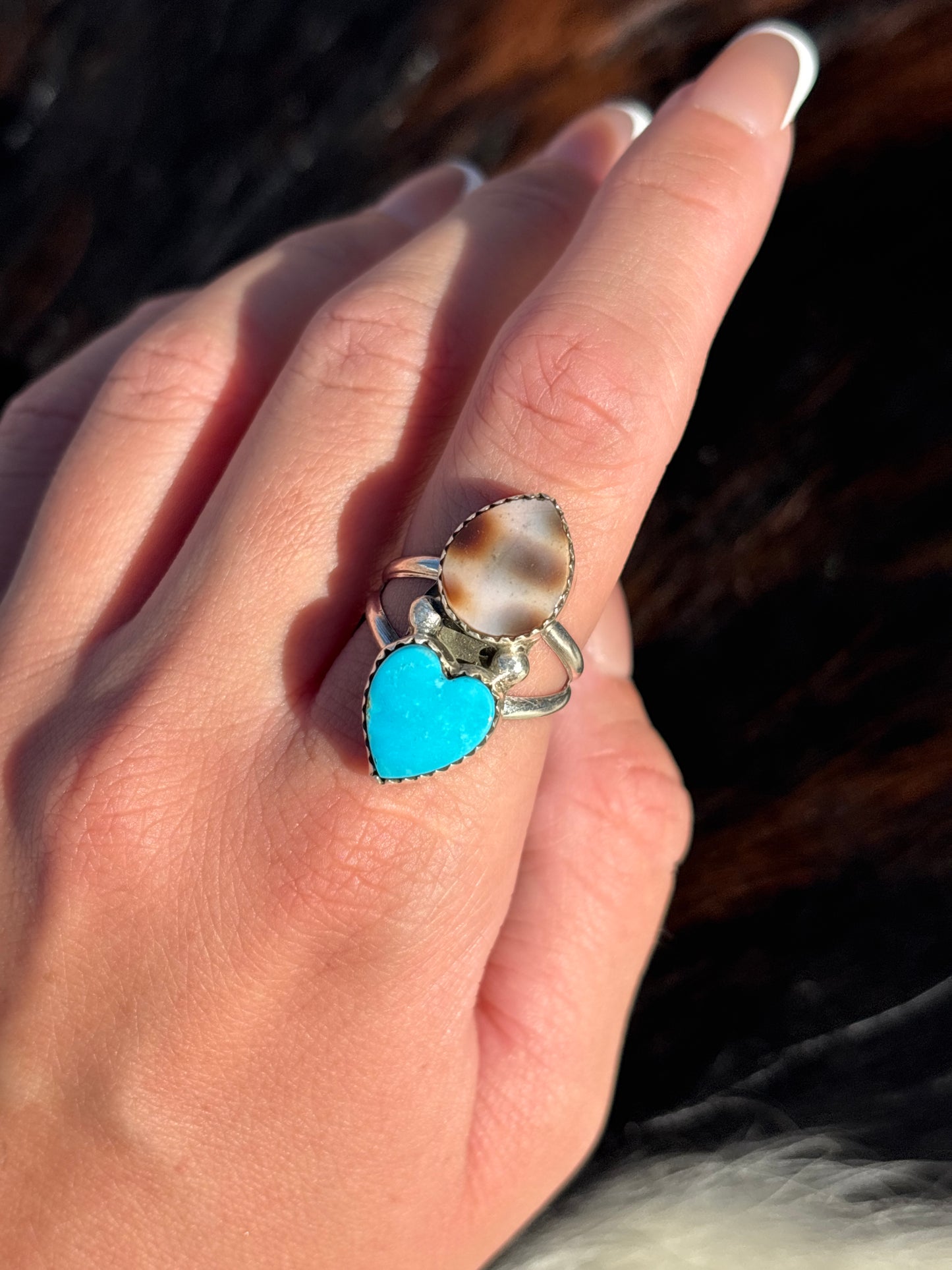 Native American, Hand-Made, Turquoise, Cowrie & Sterling Silver  Ring