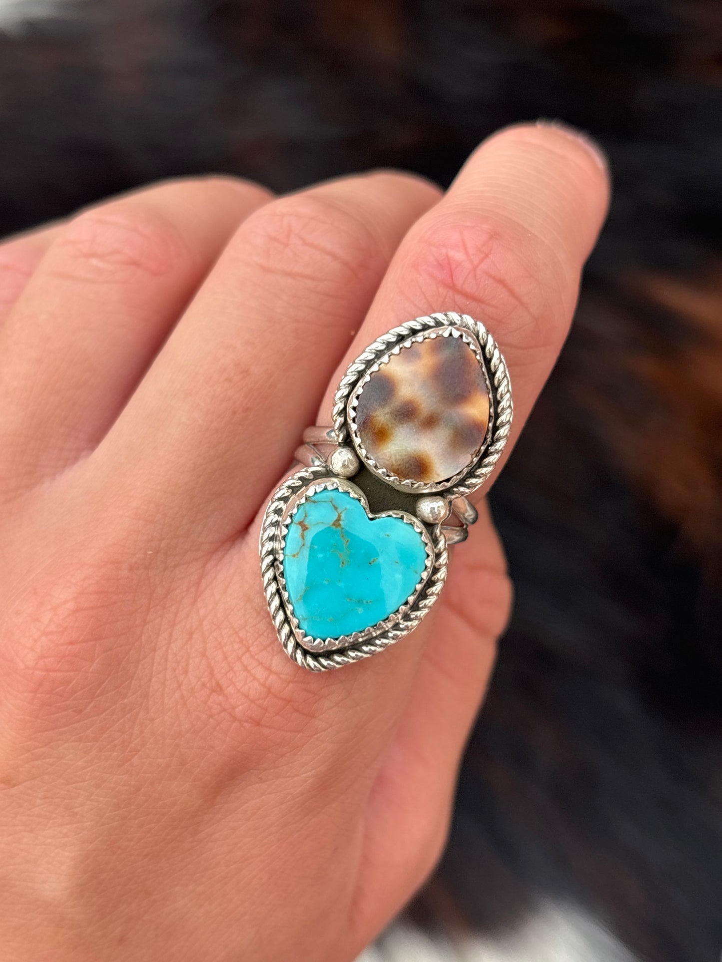 Native American, Hand-Made, Turquoise, Cowrie & Sterling Silver  Ring
