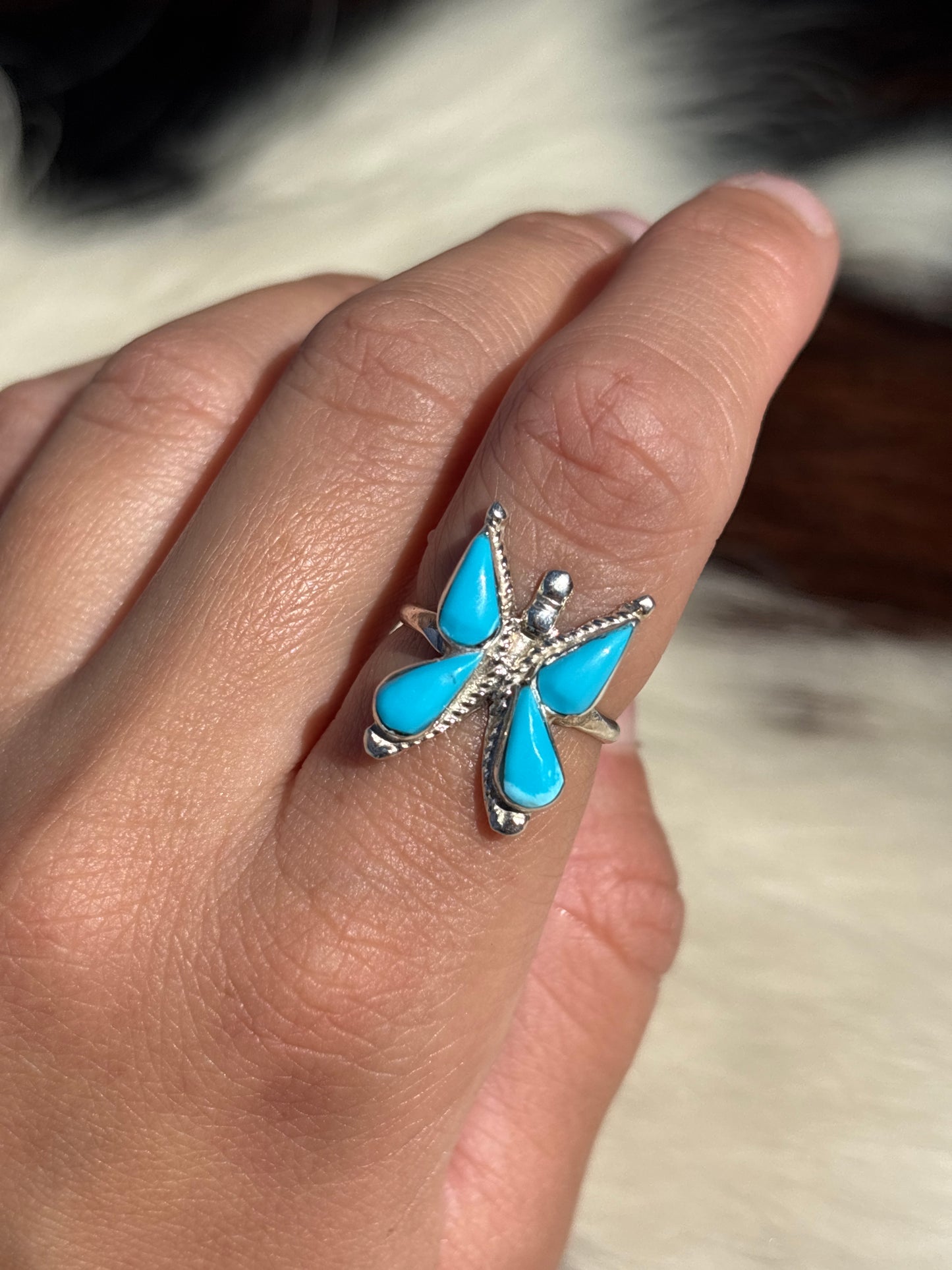 Native American, Hand-Made, Turquoise & Sterling Silver Butterfly Ring