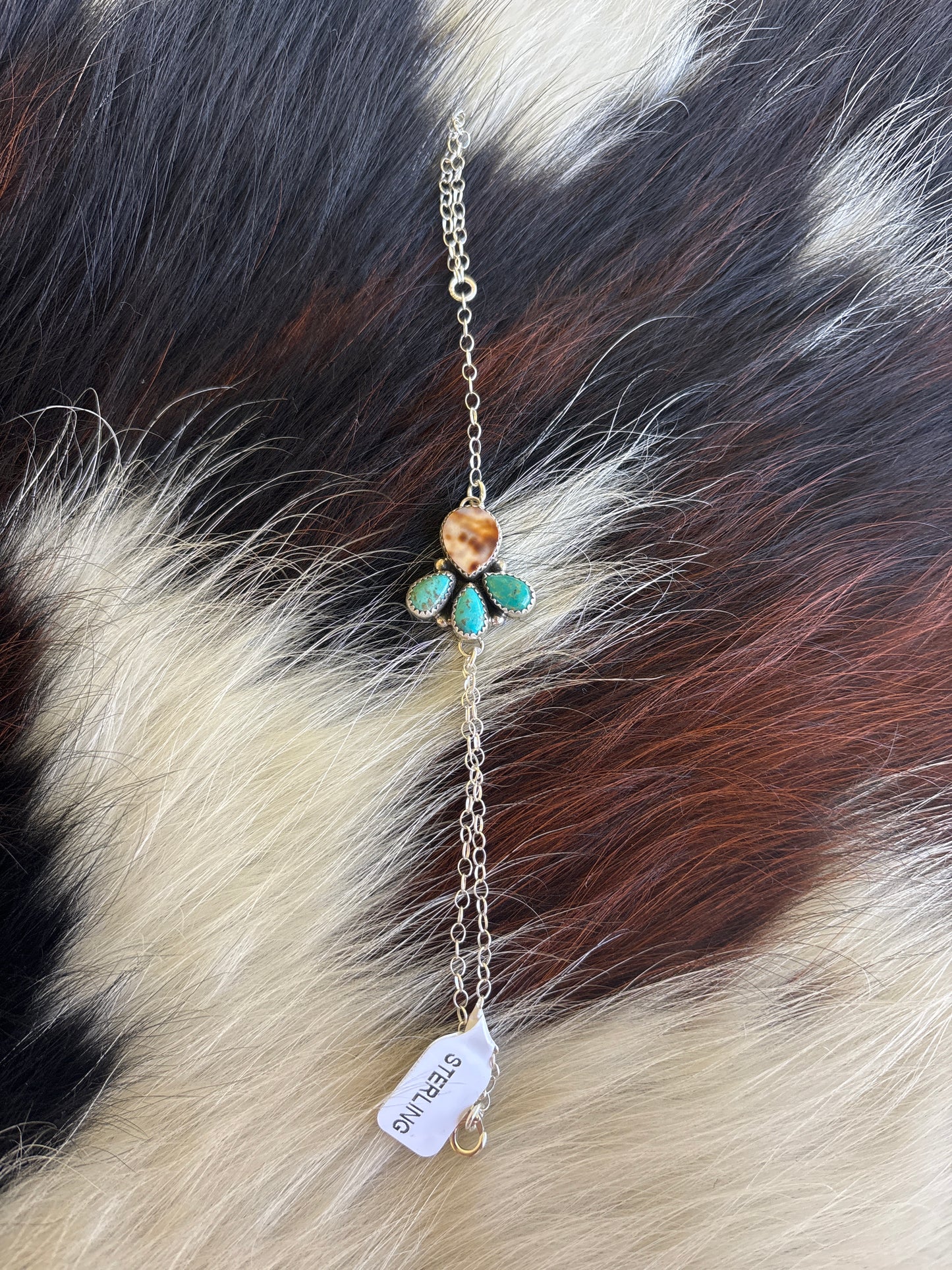 Native American, Handmade, Turquoise, Cowrie & Sterling Silver Hand Chain
