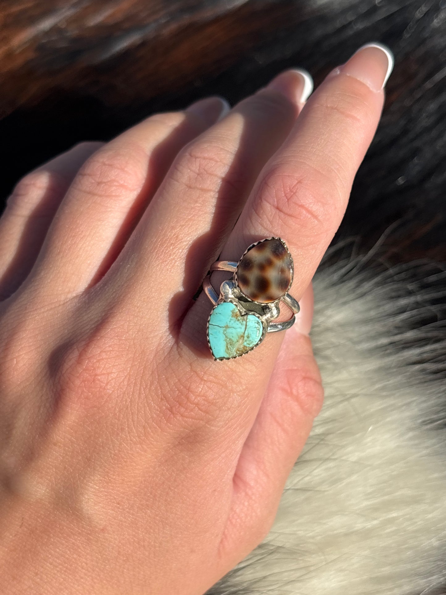 Native American, Hand-Made, Turquoise, Cowrie & Sterling Silver  Ring