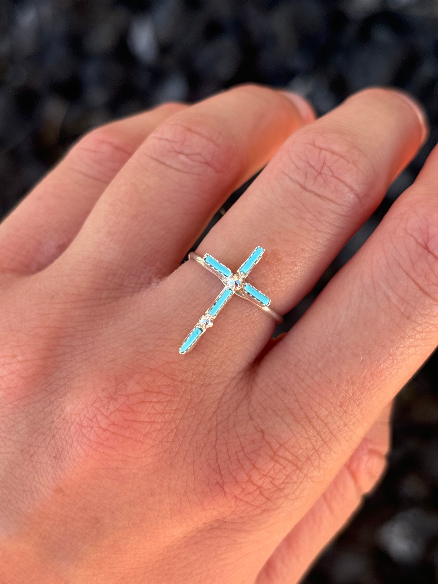 Native American, Hand-Made, Turquoise & Sterling Silver Cross Ring