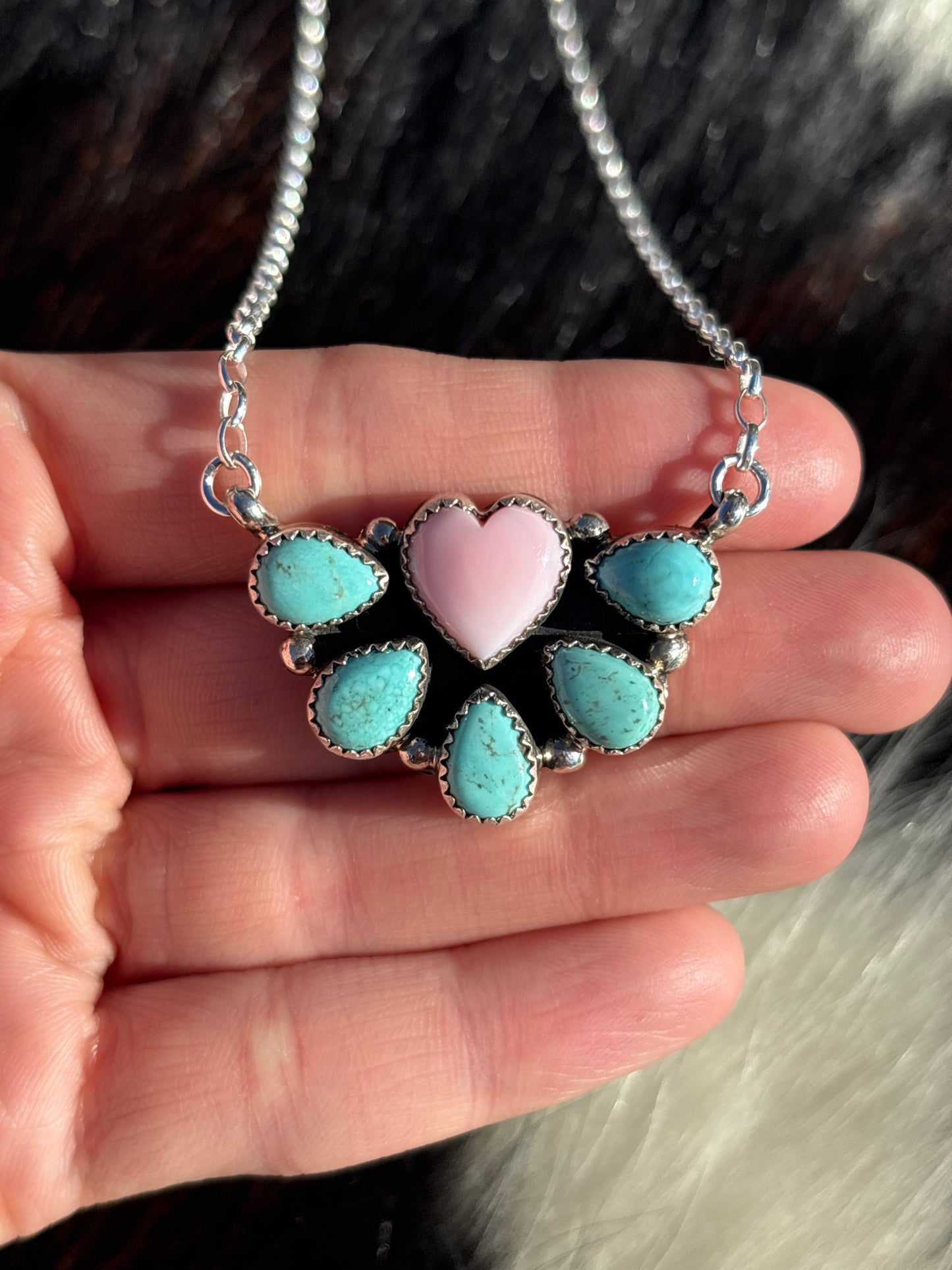 Native American, Hand-Made, Pink Conch, Turquoise & Sterling Silver Necklace