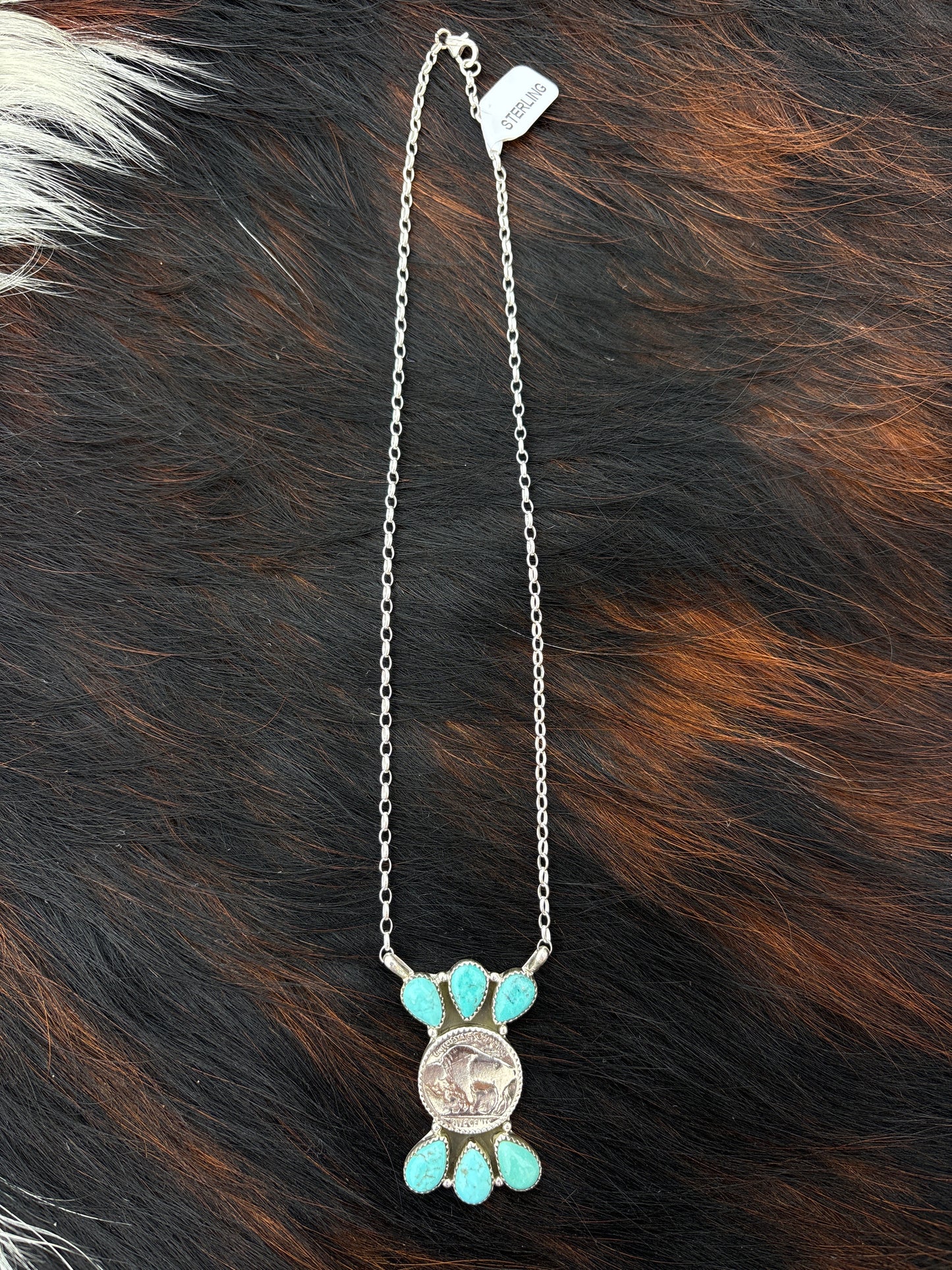 Native American, Hand-Made, Buffalo Nickel, Turquoise & Sterling Silver Necklace