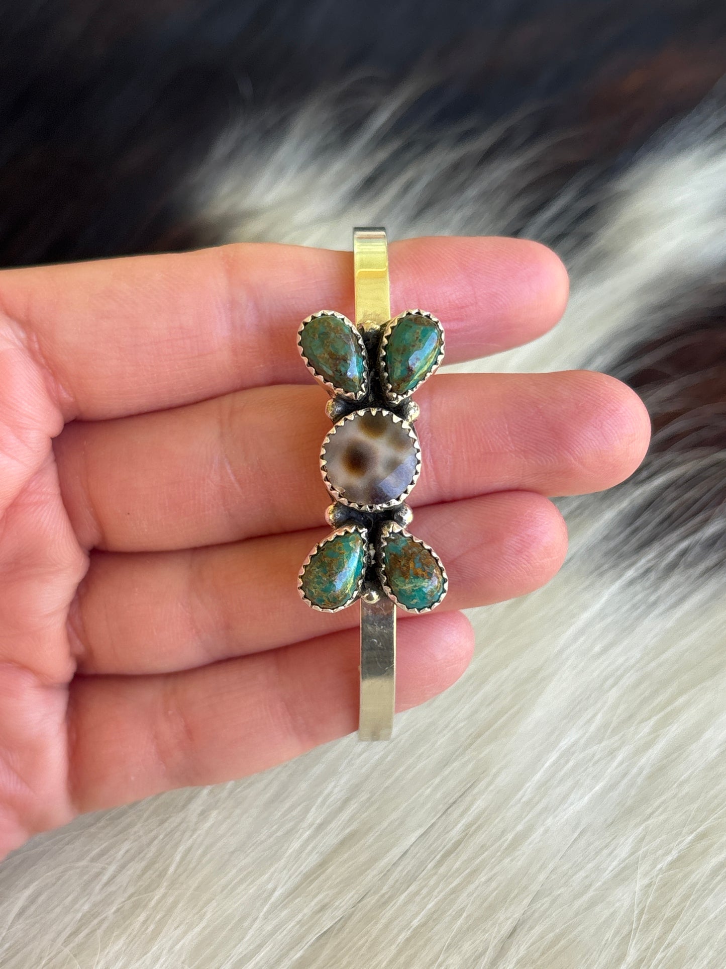 Native American, Handmade, Cowrie, Turquoise & Sterling Silver Cuff