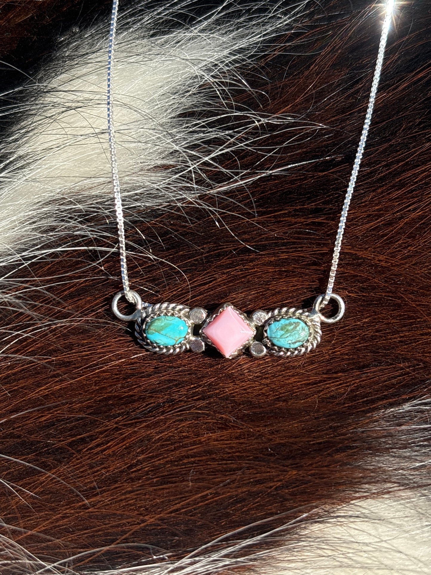 Native American, Hand-Made, Pink Conch, Turquoise & Sterling Silver Necklace