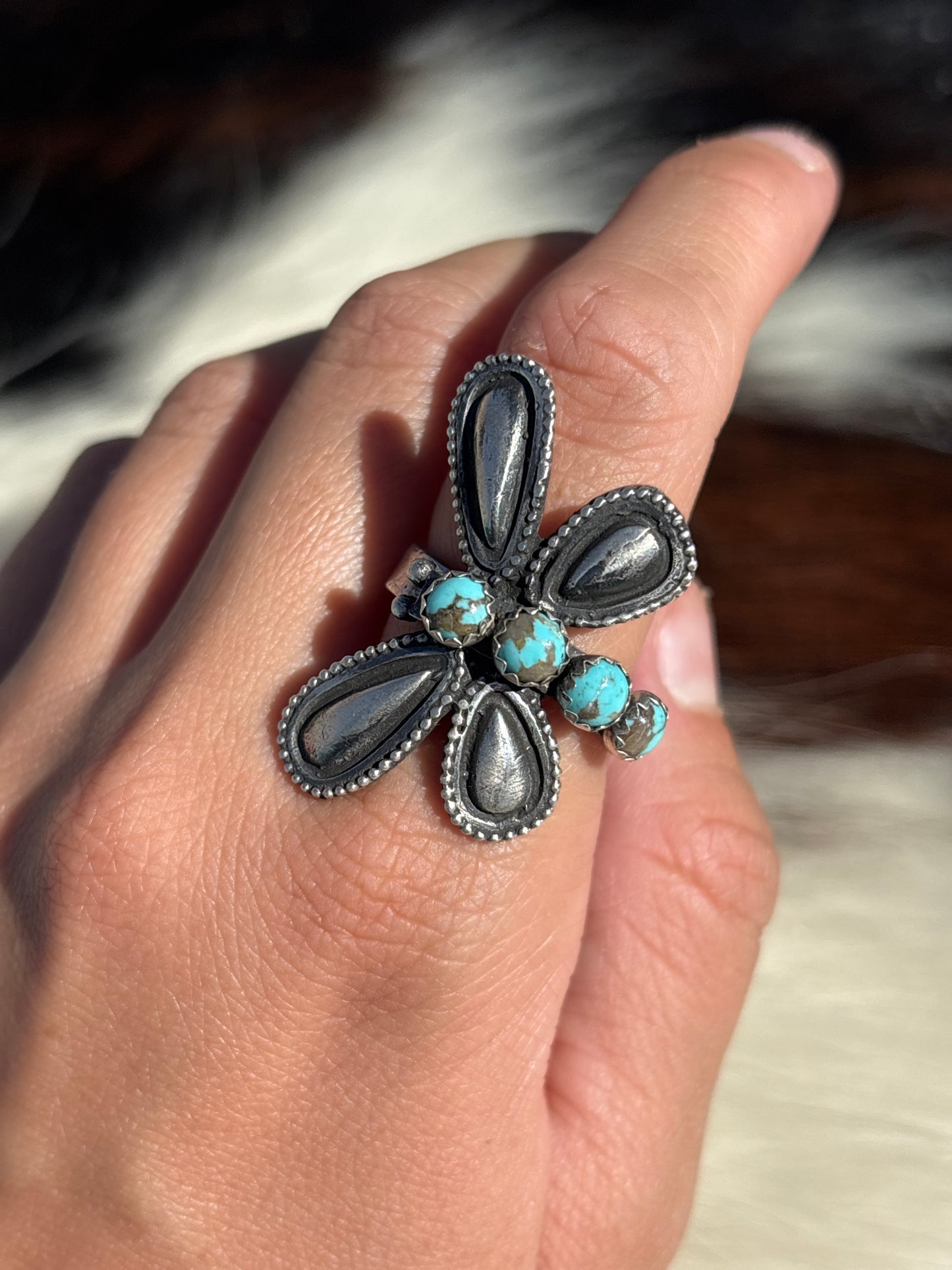 Native American, Hand-Made, Turquoise & Sterling Silver Dragonfly Adjustable Ring