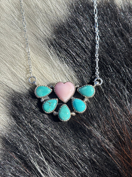 Native American, Hand-Made, Pink Conch, Turquoise & Sterling Silver Necklace