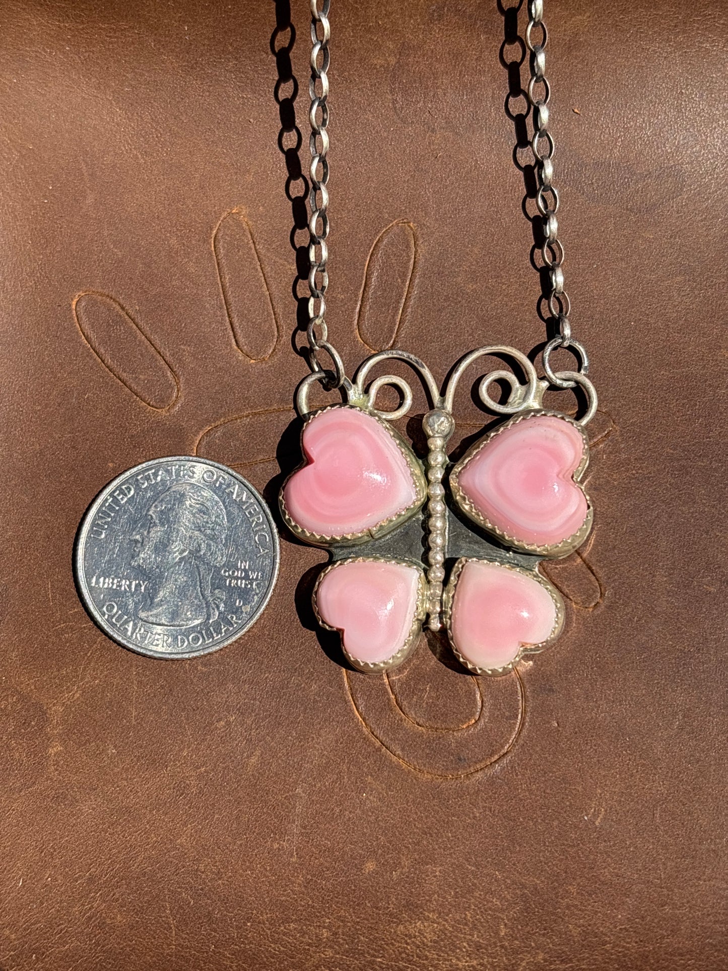 Native American, Hand-Made, Pink Conch & Sterling Silver Butterfly Necklace