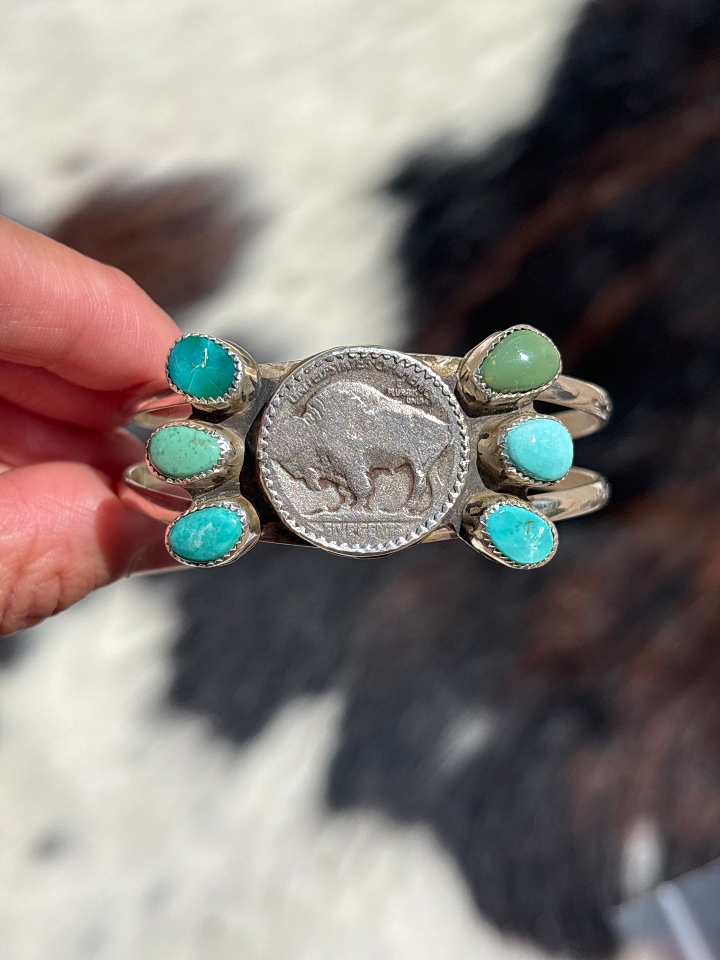 Native American, Handmade, Royston Turquoise, Buffalo Nickel & Sterling Silver Cuff