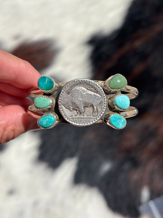 Native American, Handmade, Royston Turquoise, Buffalo Nickel & Sterling Silver Cuff