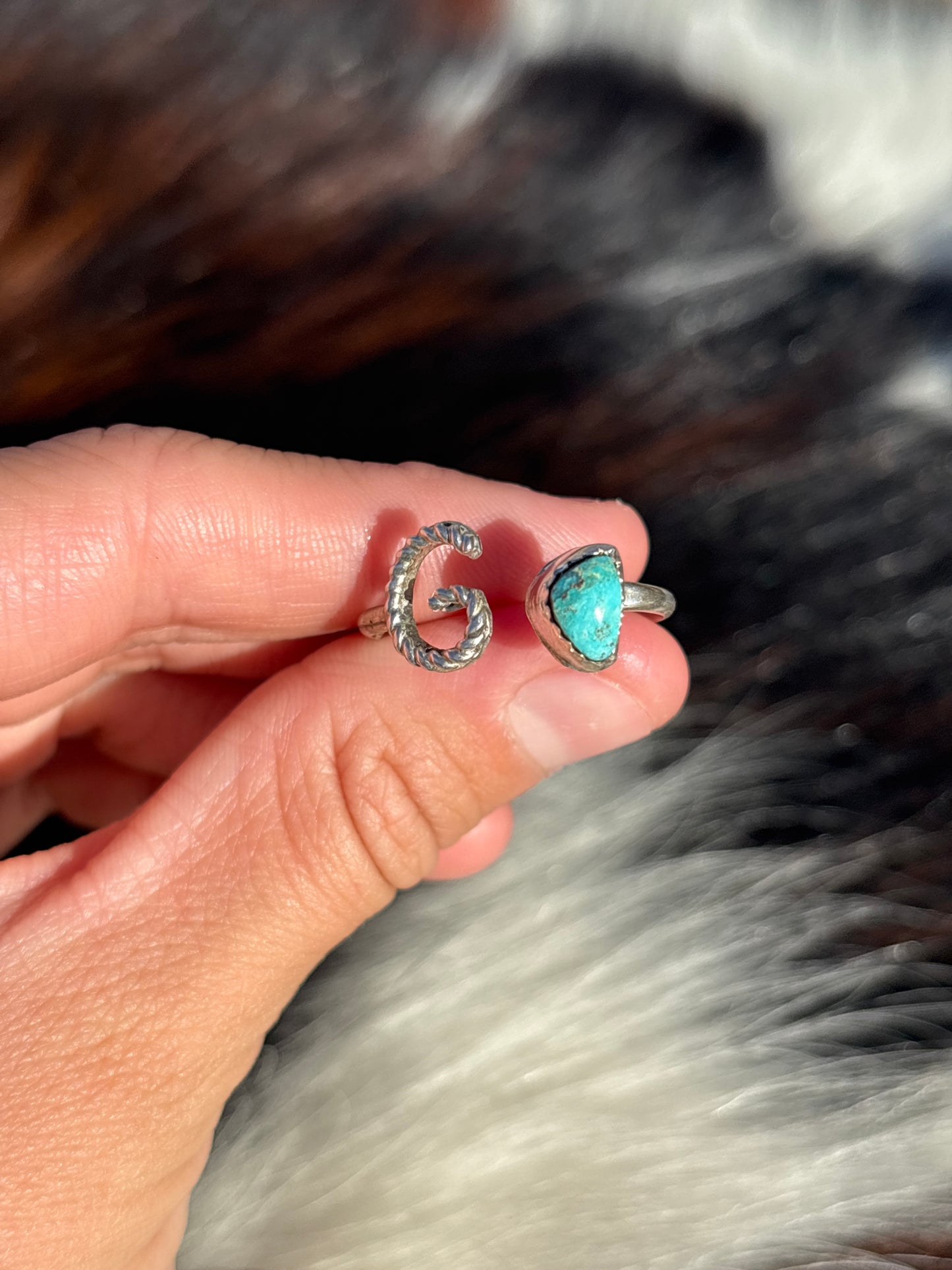 Native American, Hand-Made, Turquoise & Sterling Silver Adjustable Initial Ring