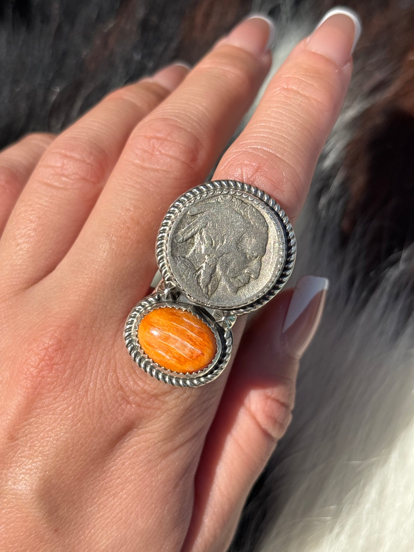 Native American, Hand-Made, Spiny Oyster, Buffalo Nickel & Sterling Silver Ring