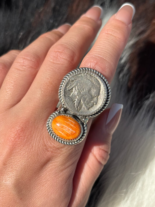 Native American, Hand-Made, Spiny Oyster, Buffalo Nickel & Sterling Silver Ring