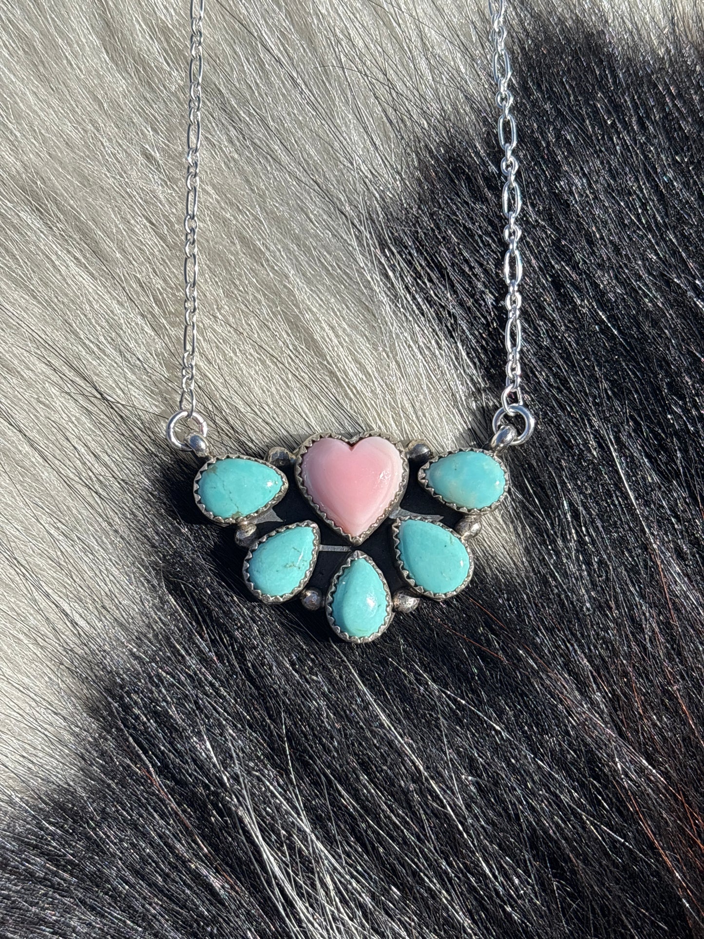 Native American, Hand-Made, Pink Conch, Turquoise & Sterling Silver Necklace
