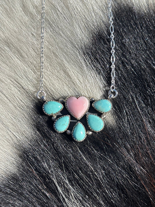Native American, Hand-Made, Pink Conch, Turquoise & Sterling Silver Necklace