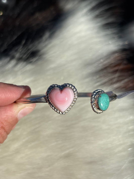 Native American, Handmade, Turquoise, Pink Conch & Sterling Silver Adjustable Cuff