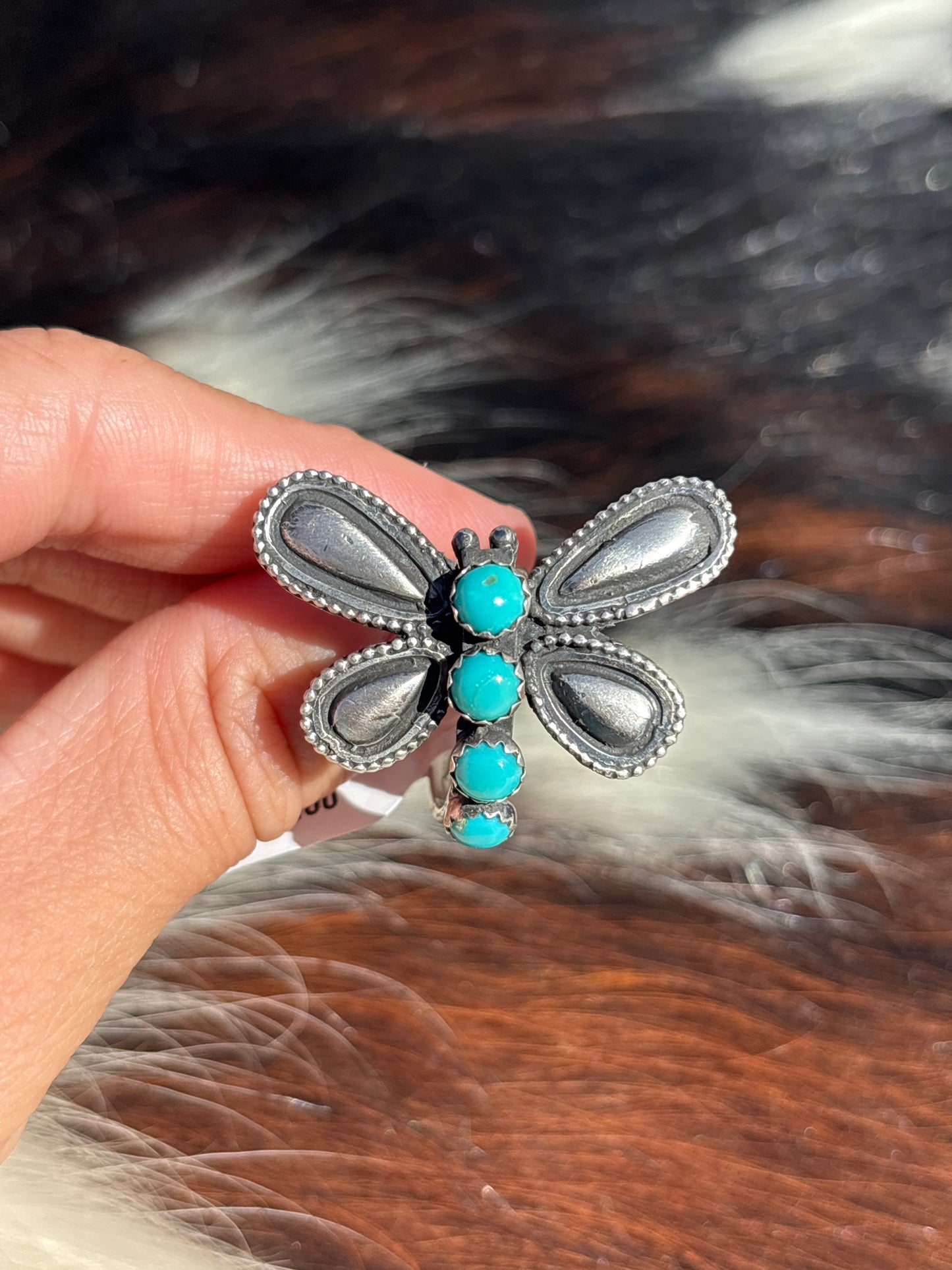 Native American, Hand-Made, Turquoise & Sterling Silver Dragonfly Adjustable Ring