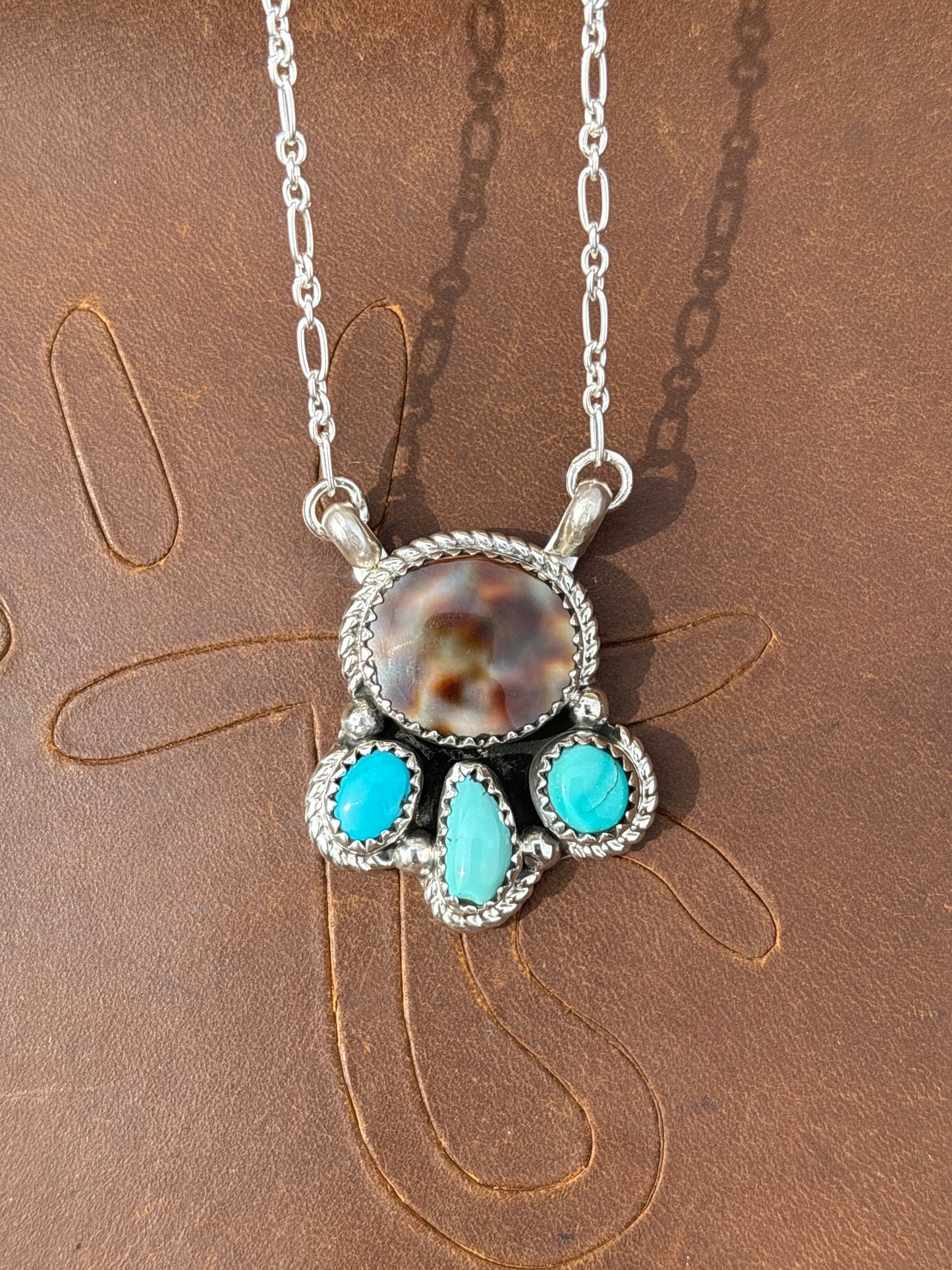 Native American, Hand-Made, Cowrie, Turquoise & Sterling Silver Necklace