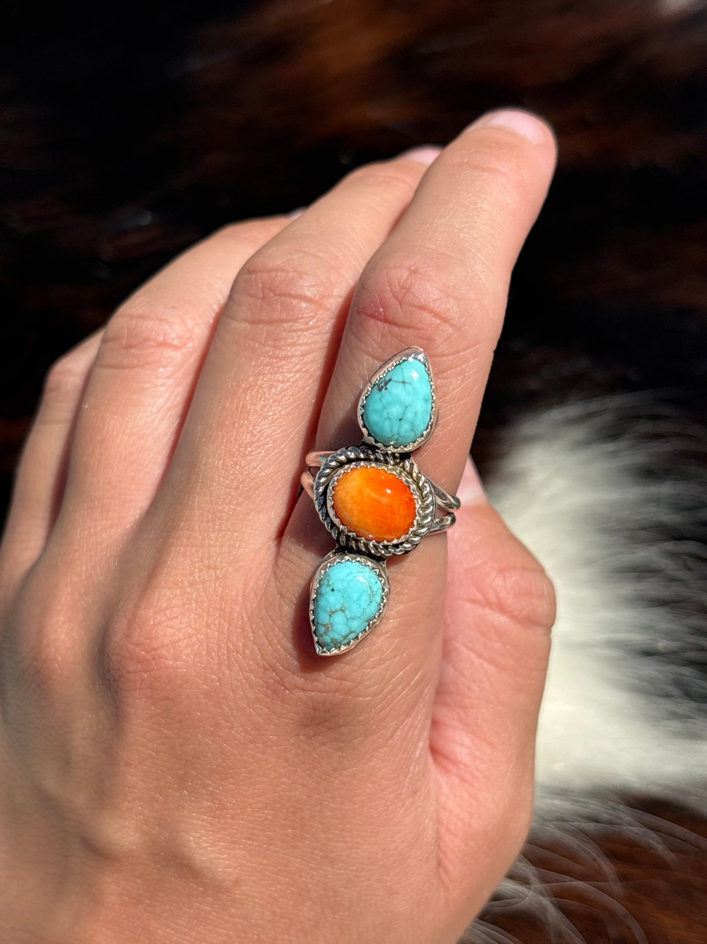 Native American, Hand-Made, Turquoise, Spiny Oyster & Sterling Silver Ring