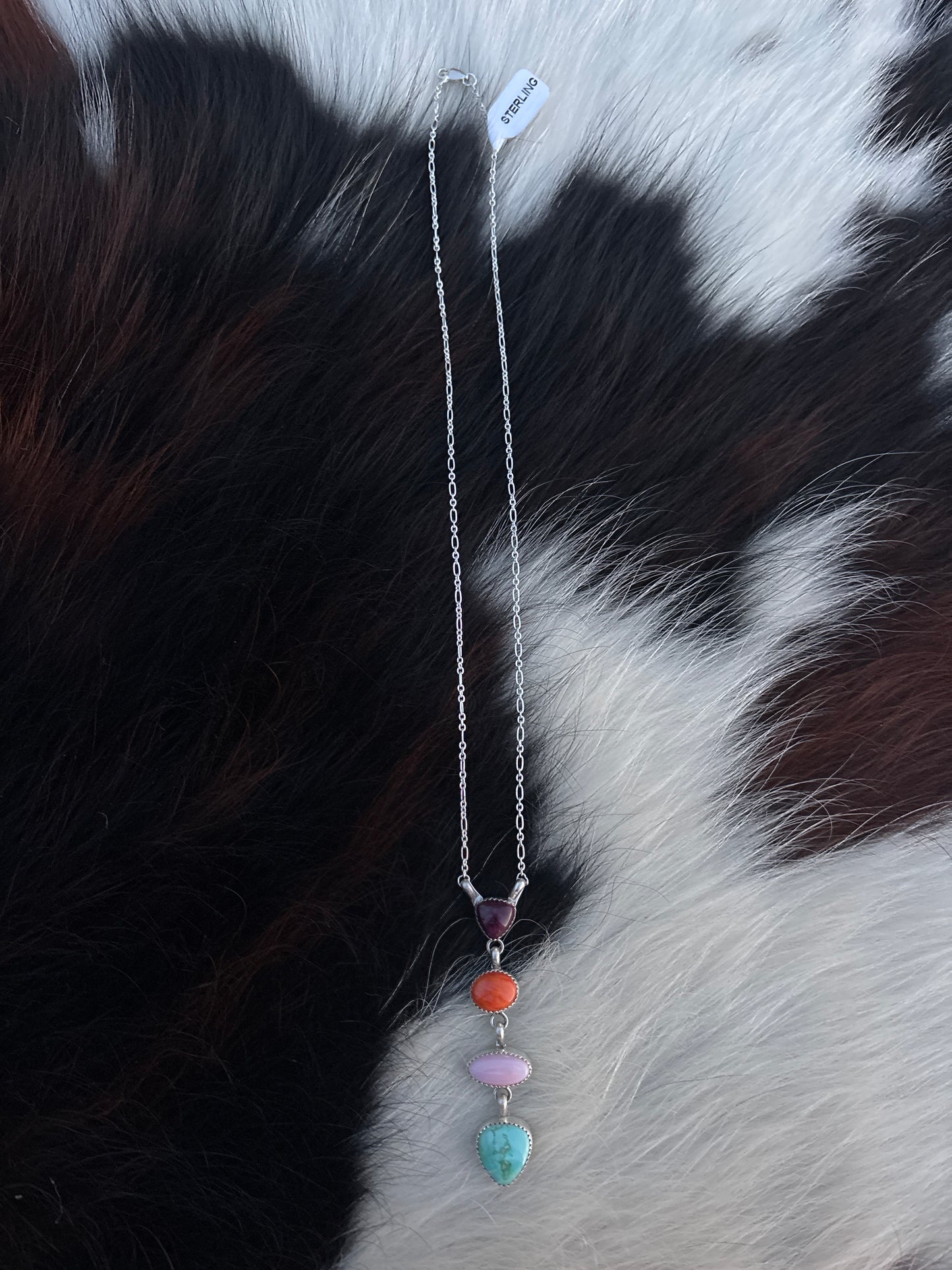 Native American, Hand-Made, Multi-stone& Sterling Silver Necklace
