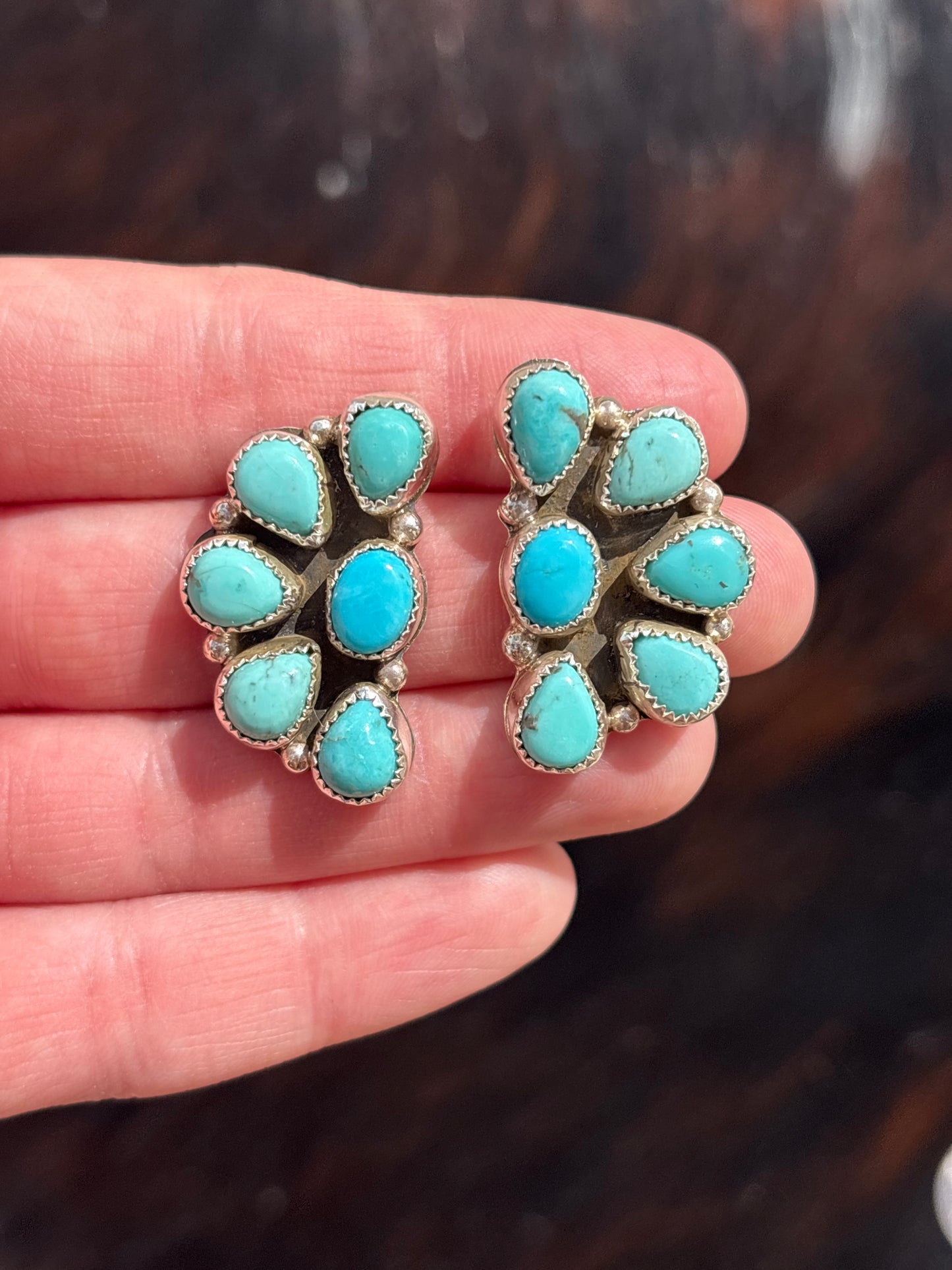 Native Made, Turquoise & Sterling Silver Cluster Earrings