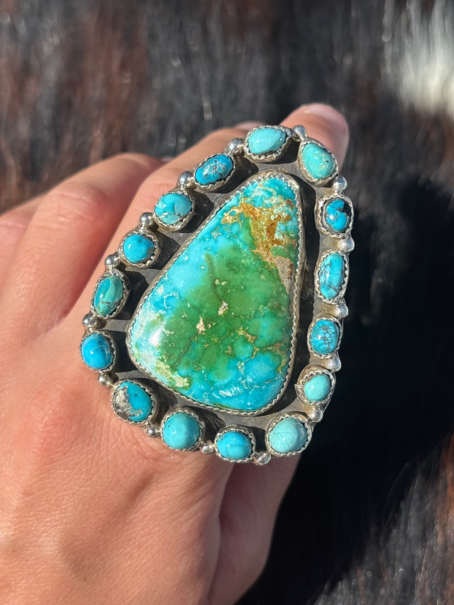 Native American, Hand-Made, Sonoran Gold Turquoise & Sterling Silver Ring