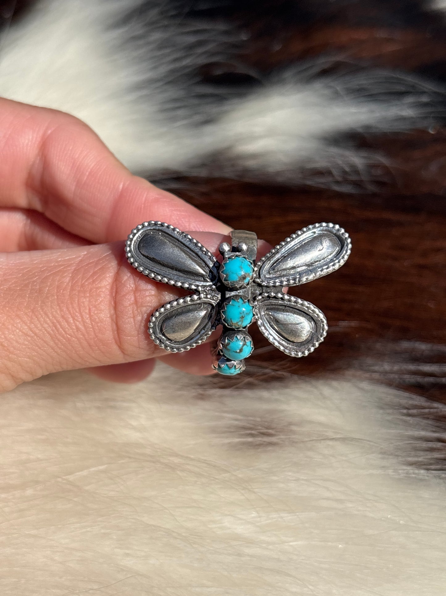Native American, Hand-Made, Turquoise & Sterling Silver Dragonfly Adjustable Ring