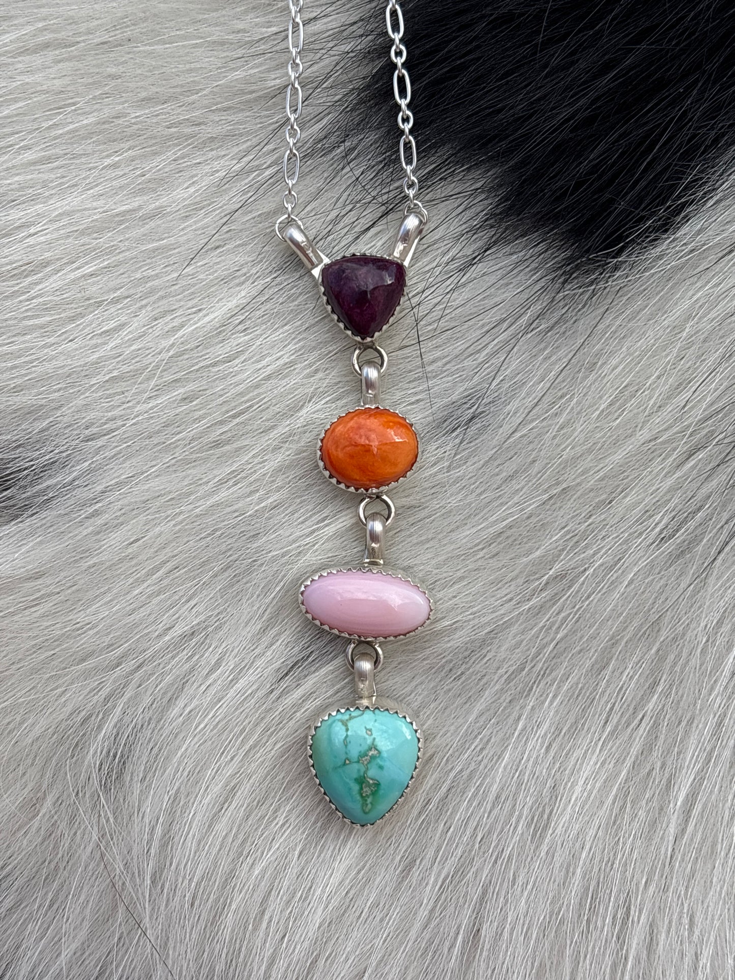 Native American, Hand-Made, Multi-stone& Sterling Silver Necklace