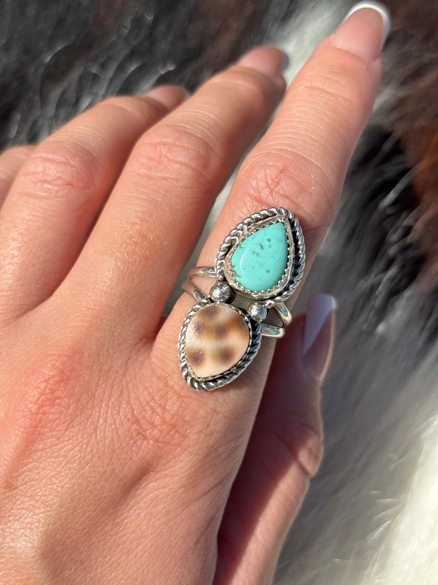 Native American, Hand-Made, Turquoise, Cowrie & Sterling Silver  Ring