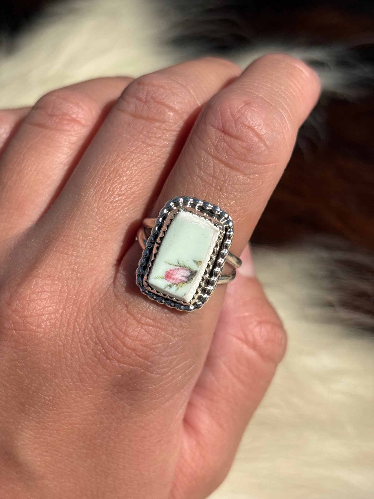 Native American, Hand-Made, Porcelain & Sterling Silver Ring