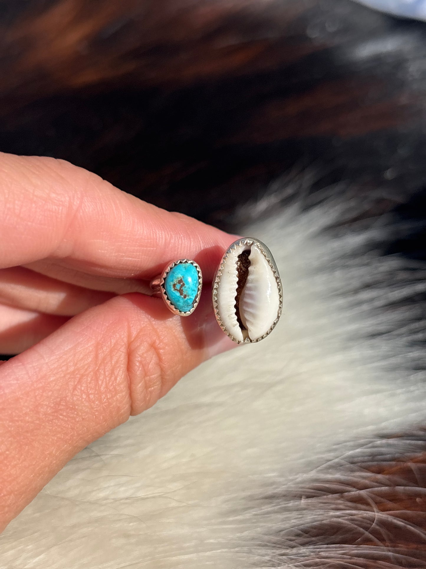 Native American, Hand-Made, Turquoise, Cowrie, & Sterling Silver Ring