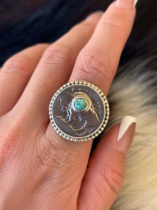 Native American, Hand-Made, Turquoise, Buffalo Nickel & Sterling Silver Ring